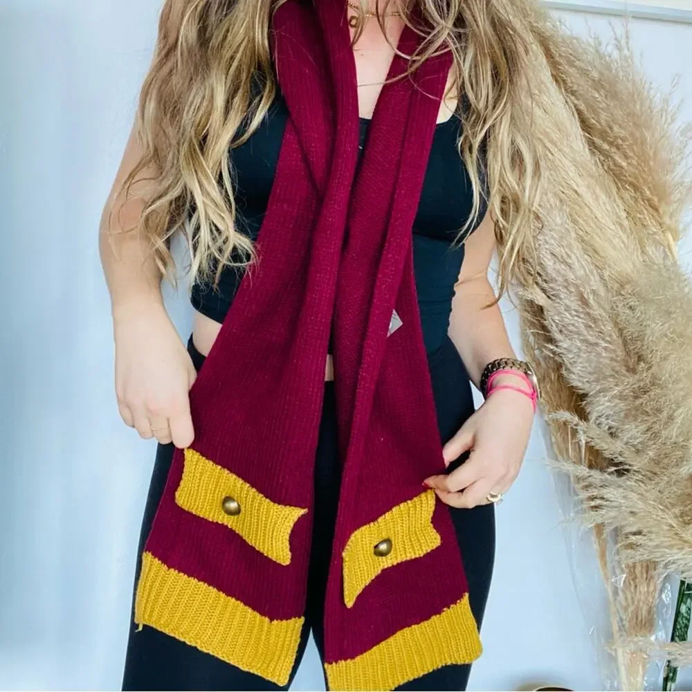 NEW NORDSTROM Maroon Gold Knit Woven Classic Scarf Wrap Pockets Gryffindor